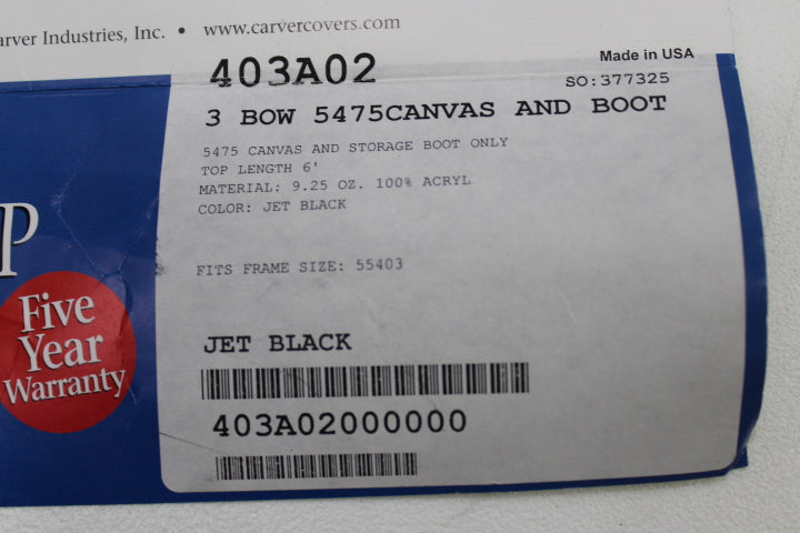 New Carver 3-Bow Jet Black Bimini Fabric Canvas and Boot 5475